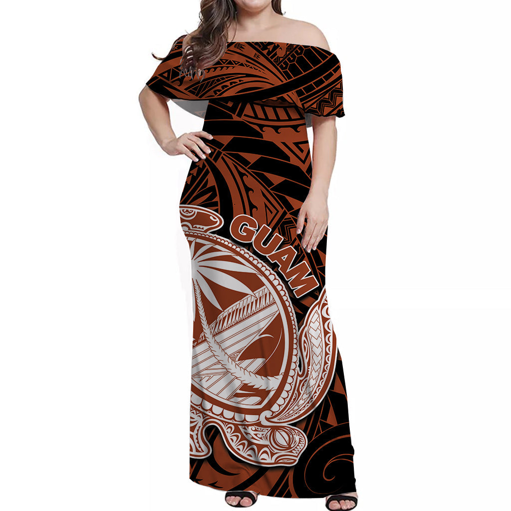 Guam Off Shoulder Long Dress Turtle Mix Polynesian Brown Style