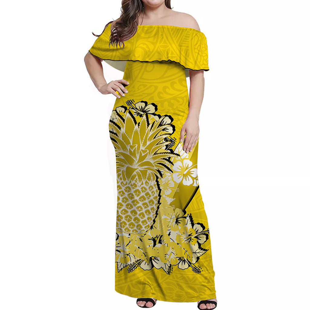Hawaii Pineapple Off Shoulder Long Dress Polynesian Yellow Style