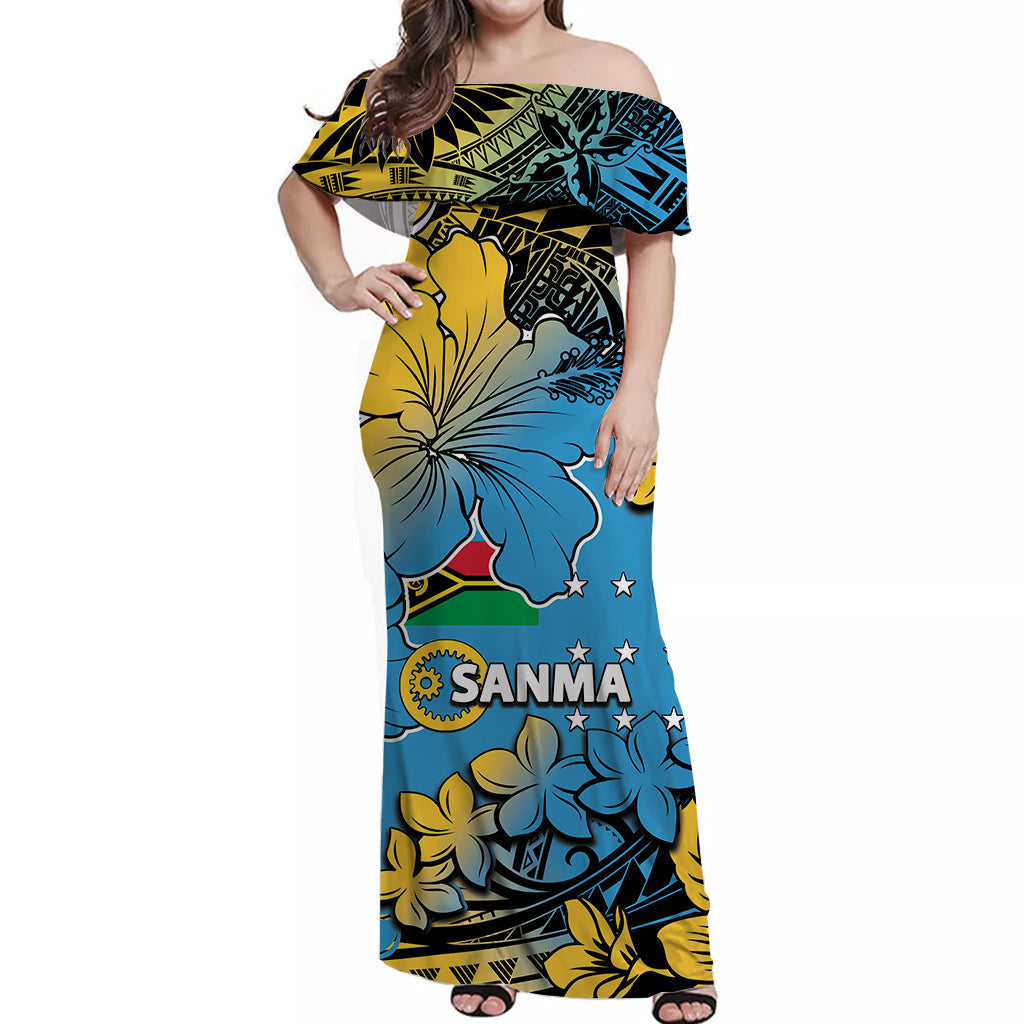 Vanuatu Sanma Off Shoulder Long Dress Hibiscus Mix Polynesian