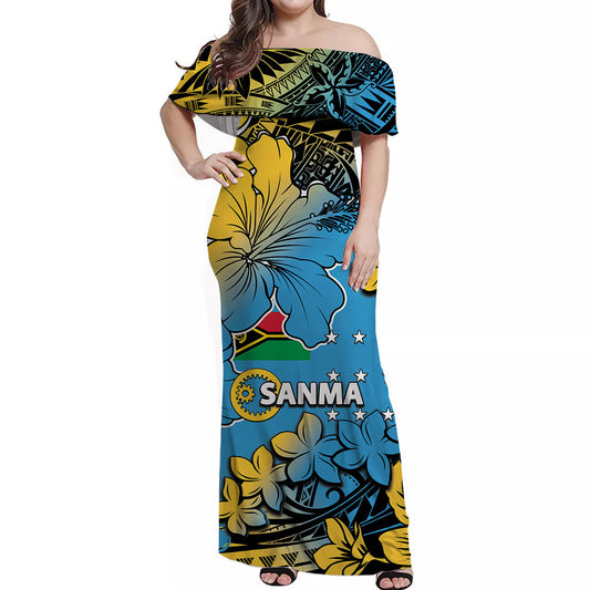 Vanuatu Sanma Off Shoulder Long Dress Hibiscus Mix Polynesian