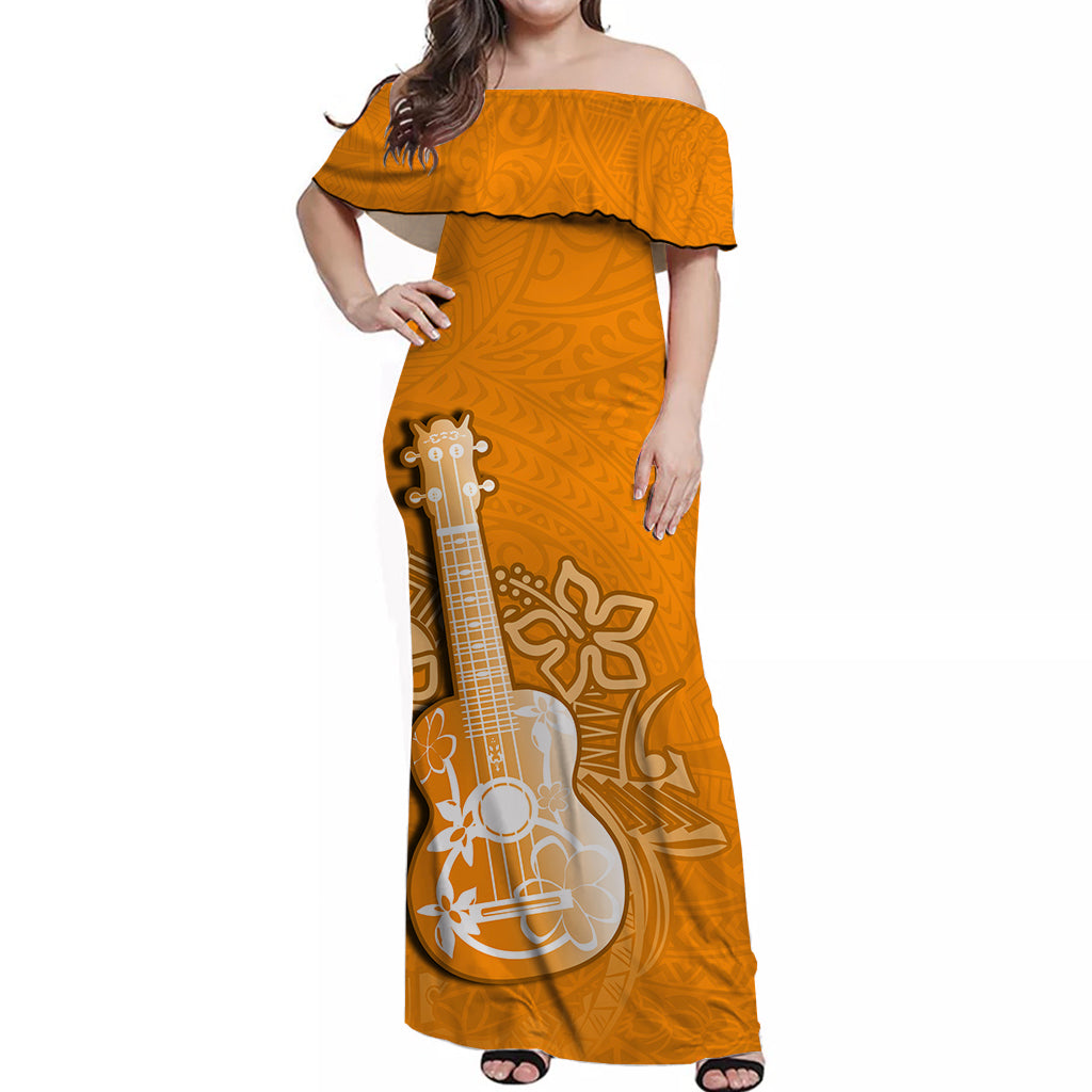 Hawaii Ukulele Off Shoulder Long Dress Polynesian Orange Style