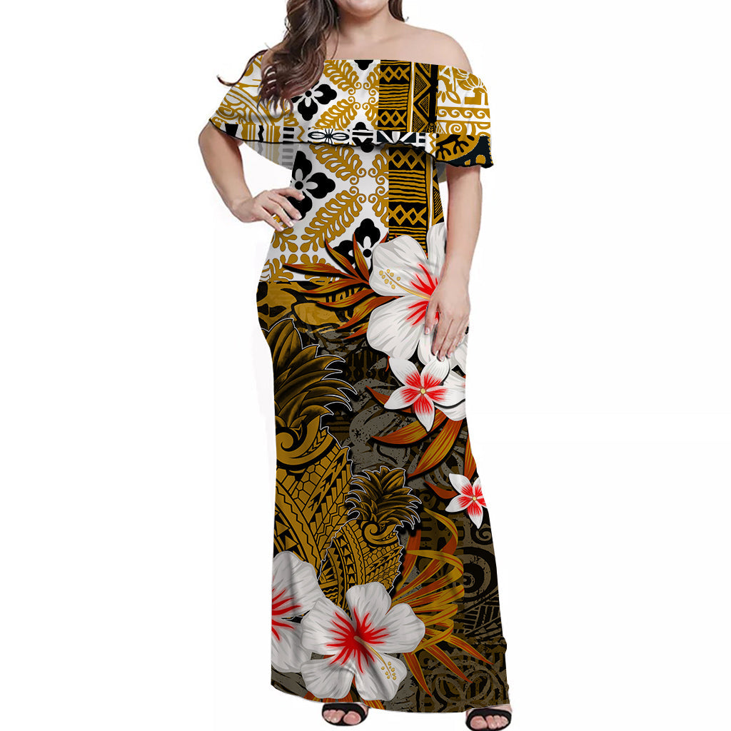 Hawaii Pineapple Off Shoulder Long Dress Gold Style