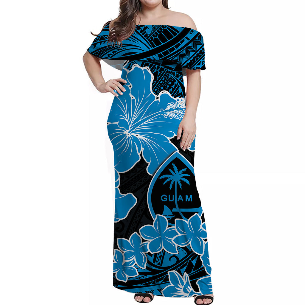 Guam Off Shoulder Long Dress Hibiscus Light Blue Style
