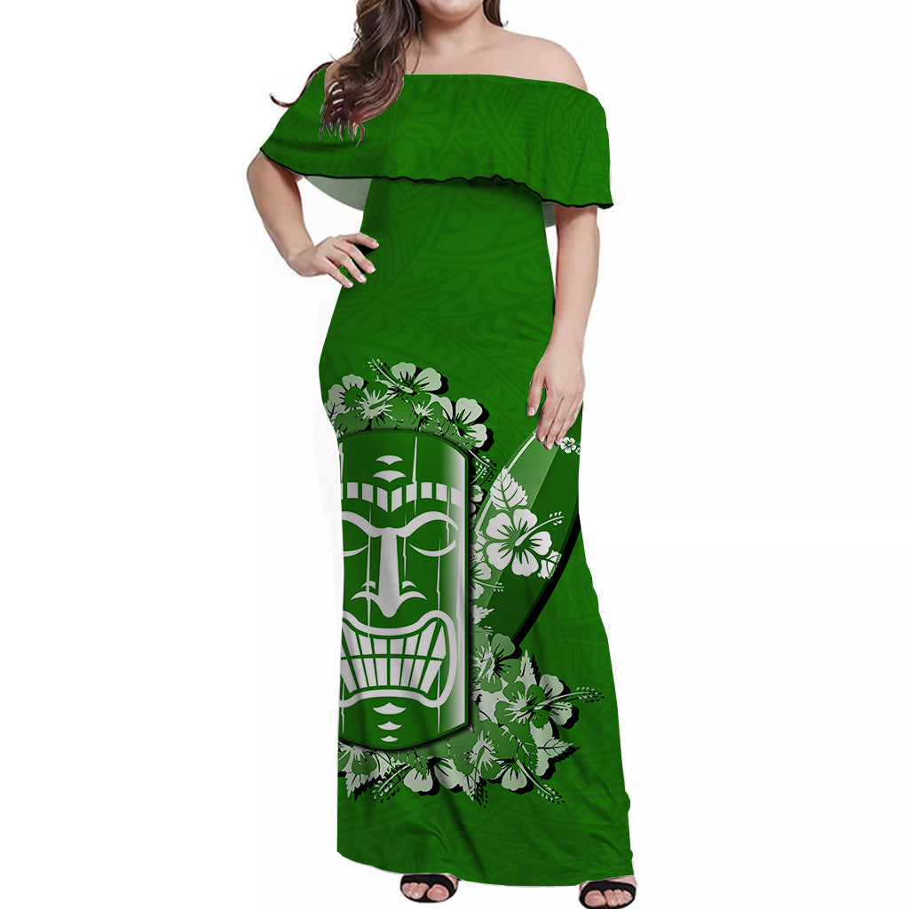 Hawaii Tiki Off Shoulder Long Dress Polynesian Green Style