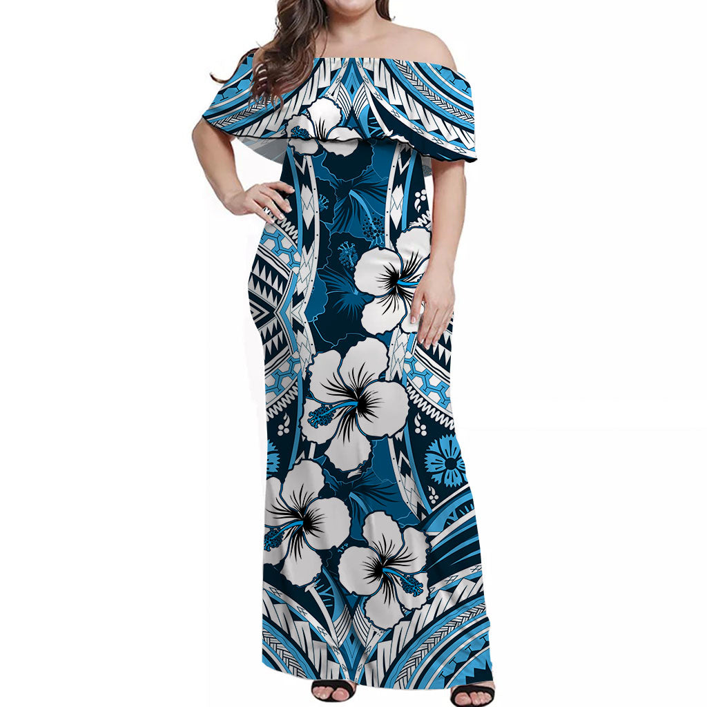 Hibiscus Off Shoulder Long Dress Fiji Patterns Blue
