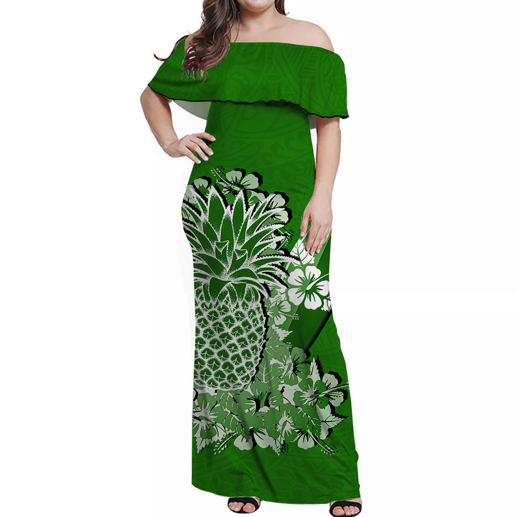 Hawaii Pineapple Off Shoulder Long Dress Polynesian Green Style