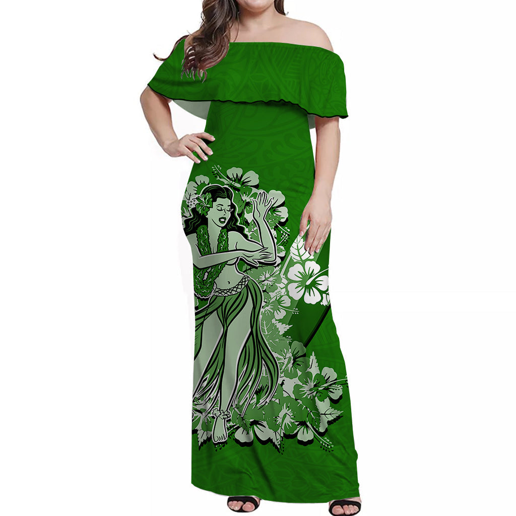 Hawaii Hula Girl Off Shoulder Long Dress Polynesian Green Style