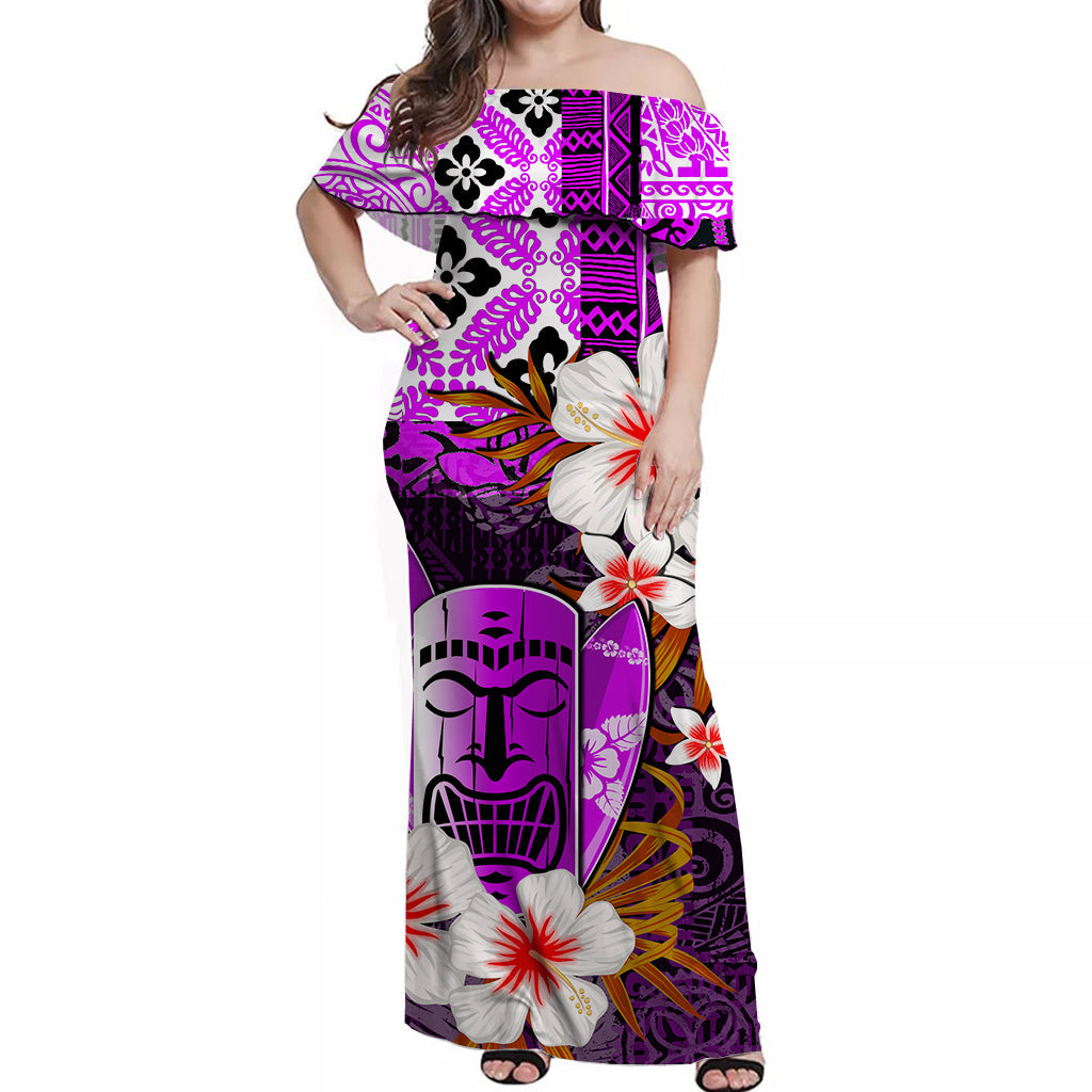 Hawaii Tiki Off Shoulder Long Dress Purple Style