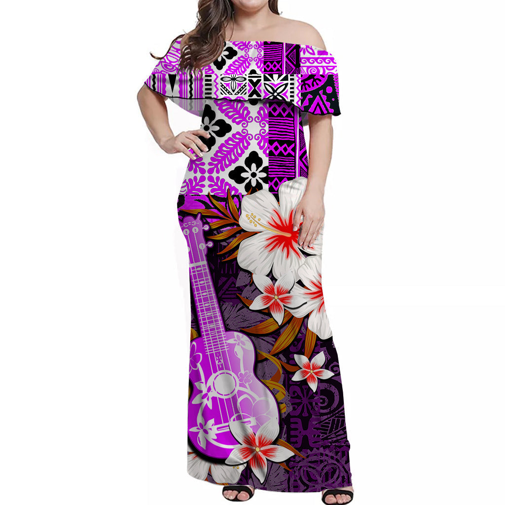 Hawaii Ukulele Off Shoulder Long Dress Purple Style
