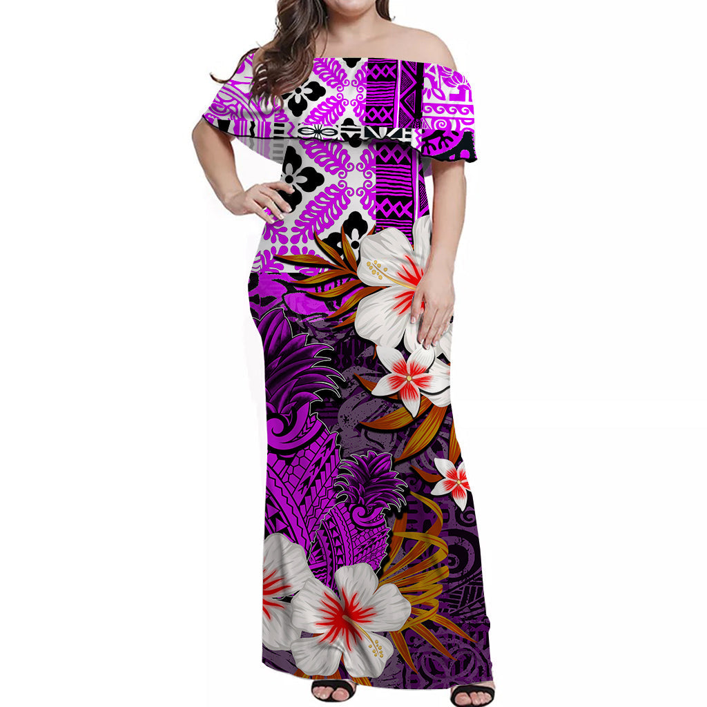 Hawaii Pineapple Off Shoulder Long Dress Purple Style
