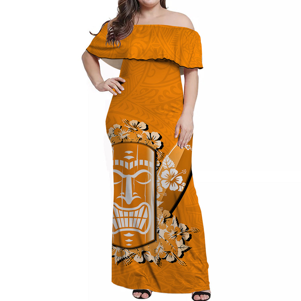 Hawaii Tiki Off Shoulder Long Dress Polynesian Orange Style