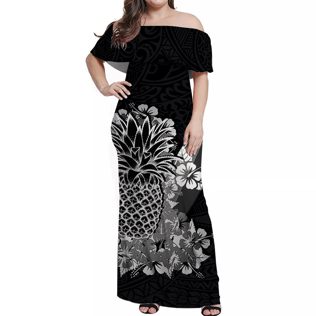 Hawaii Pineapple Off Shoulder Long Dress Polynesian Black Style