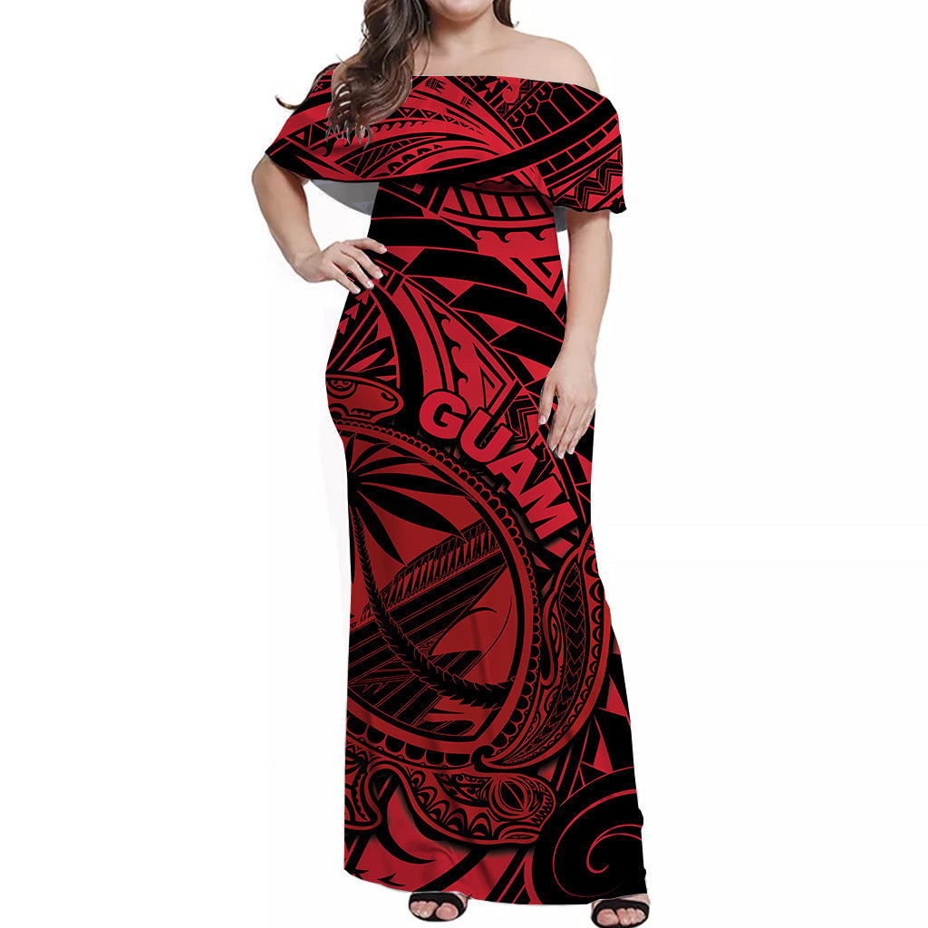 Guam Off Shoulder Long Dress Turtle Mix Polynesian Red Style