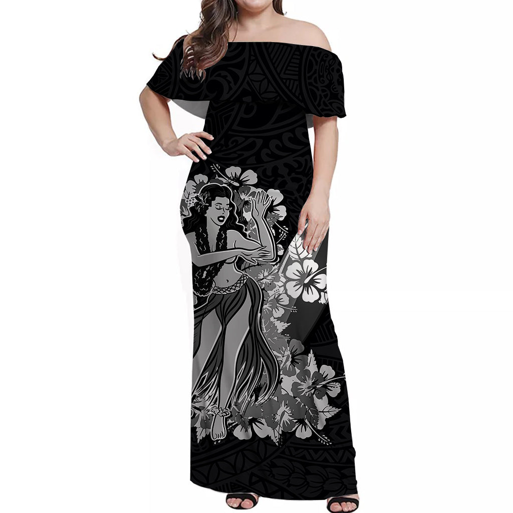 Hawaii Hula Girl Off Shoulder Long Dress Polynesian Black Style
