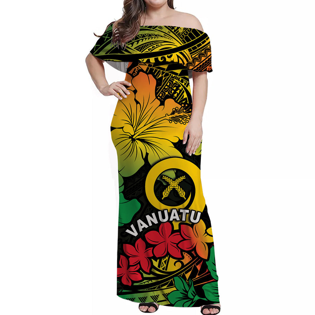 Vanuatu Off Shoulder Long Dress Hibiscus Mix Polynesian