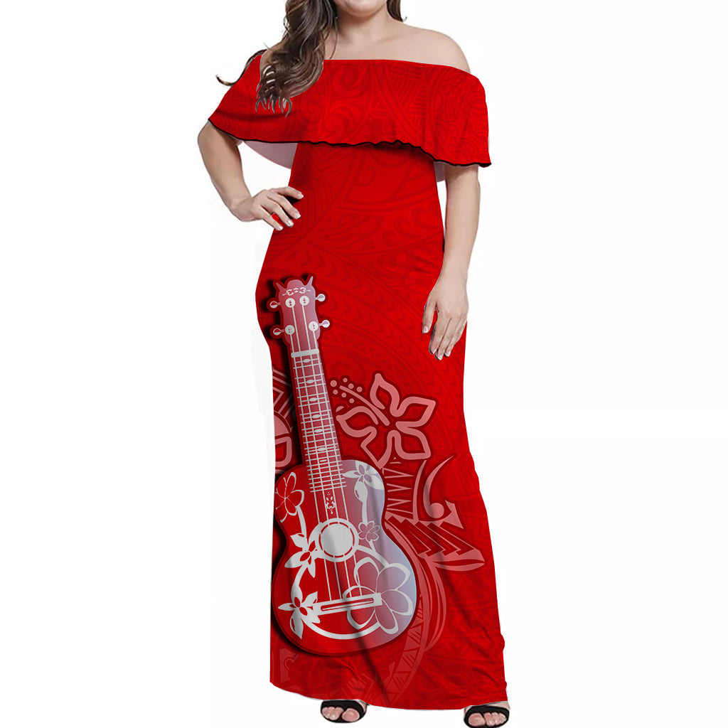 Hawaii Ukulele Off Shoulder Long Dress Polynesian Red Style