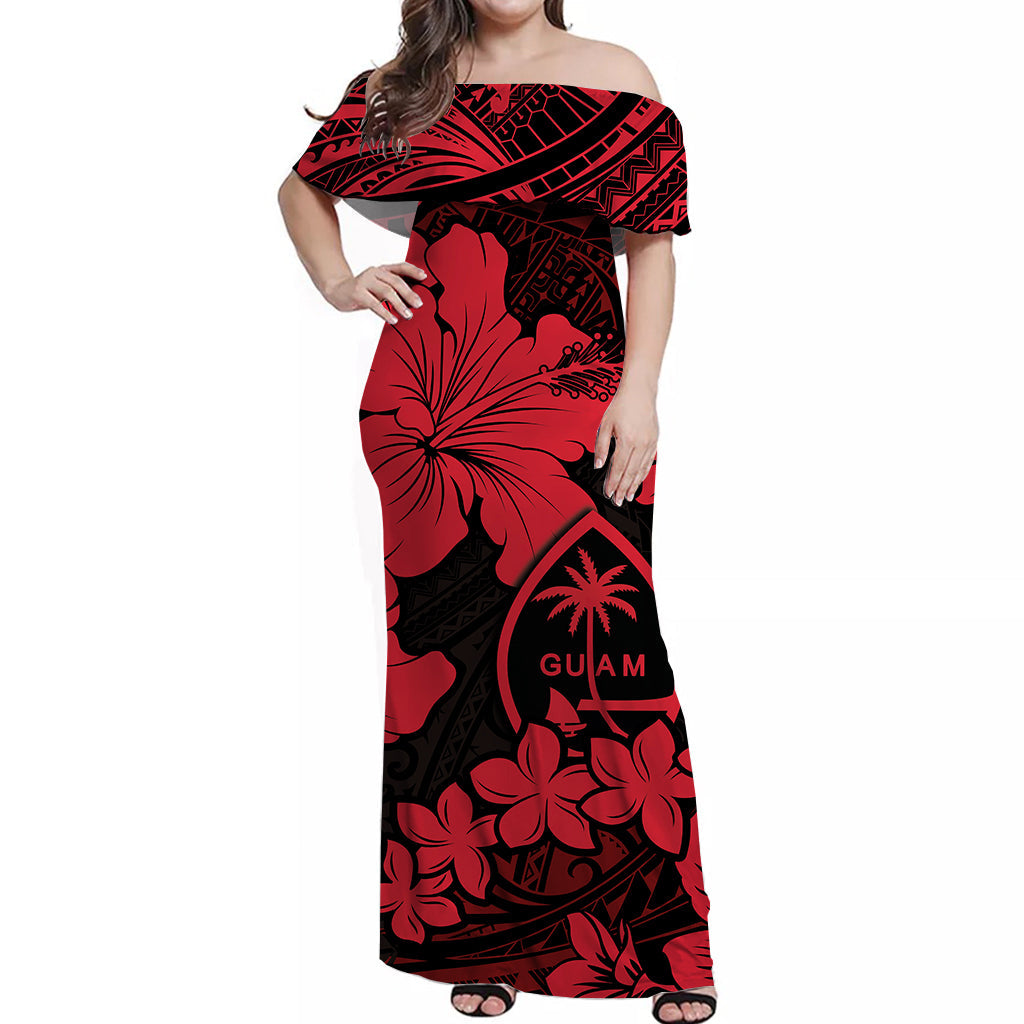 Guam Off Shoulder Long Dress Hibiscus Red Style