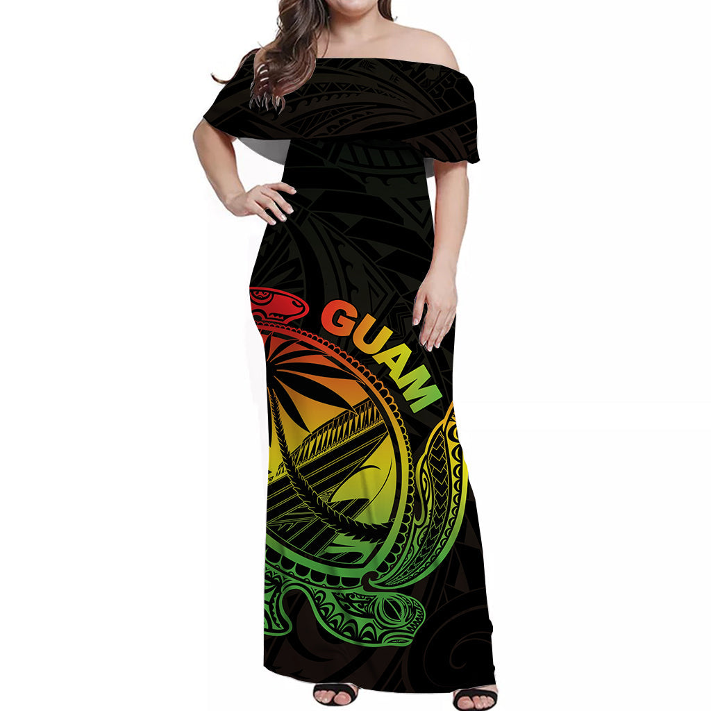 Guam Off Shoulder Long Dress Turtle Mix Polynesian Style