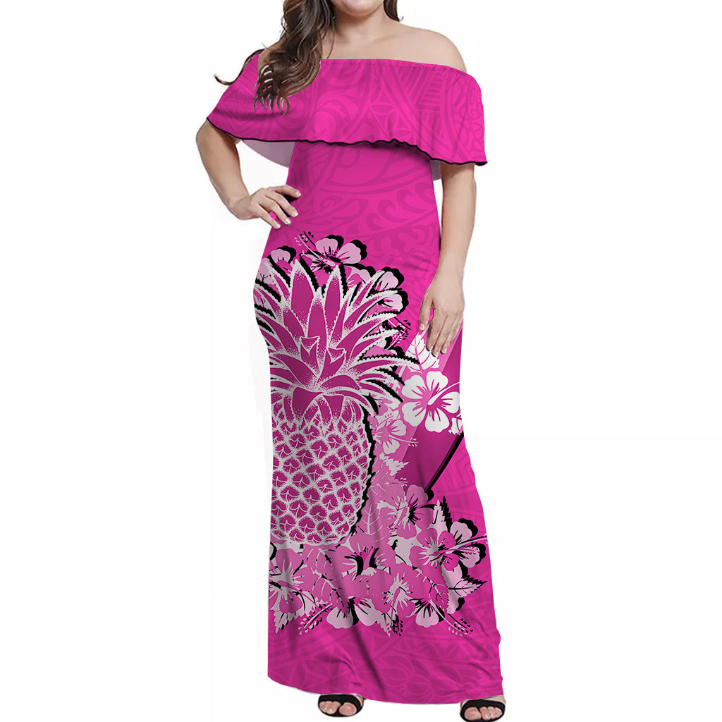 Hawaii Pineapple Off Shoulder Long Dress Polynesian Pink Style