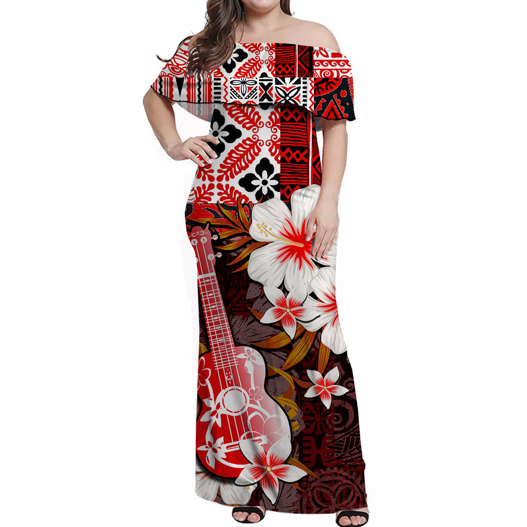 Hawaii Ukulele Off Shoulder Long Dress Red Style