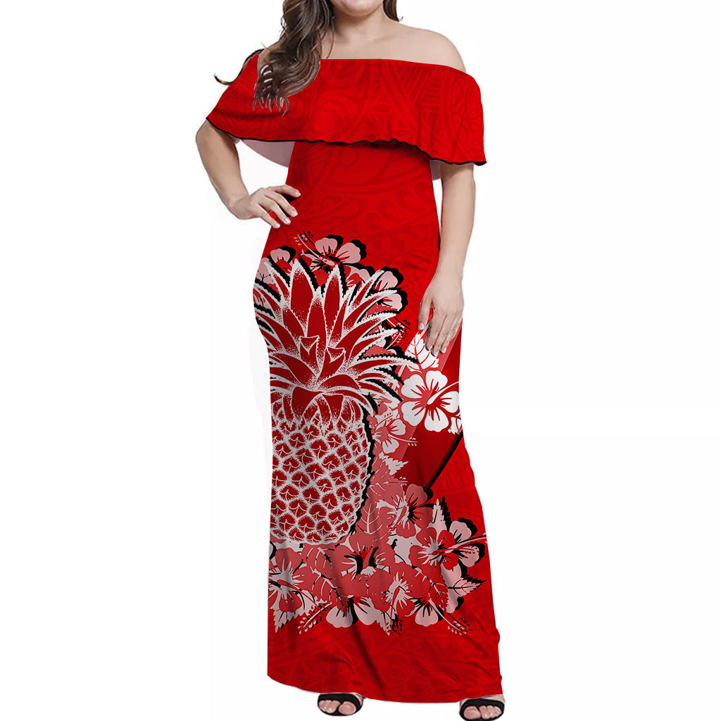 Hawaii Pineapple Off Shoulder Long Dress Polynesian Red Style