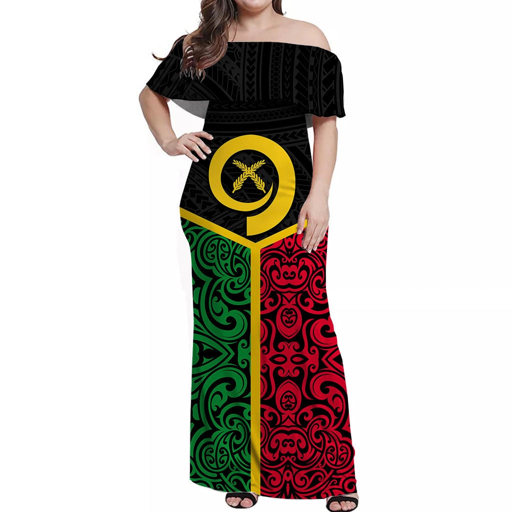 Vanuatu Off Shoulder Long Dress Polynesian Patterns Mix Flag