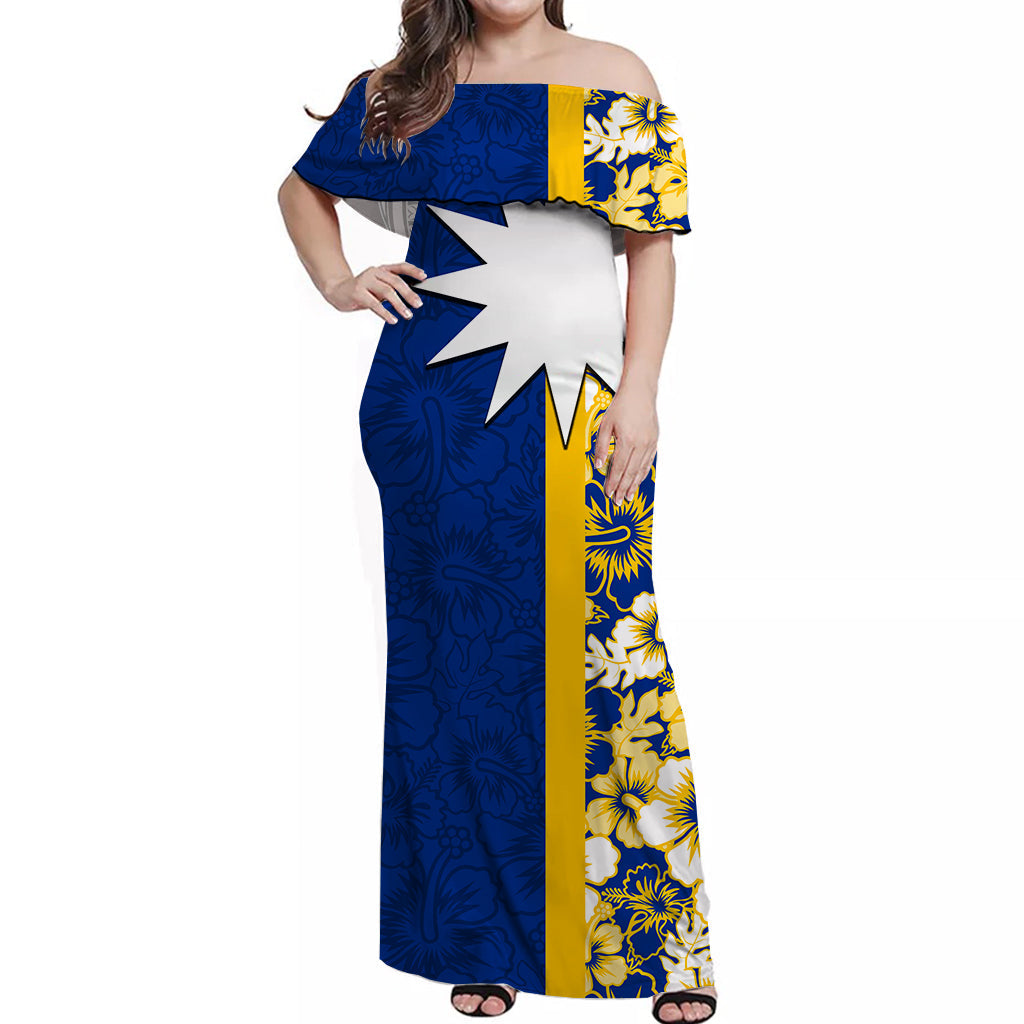 Nauru Off Shoulder Long Dress Flag Stlye With Hibiscus Patterns