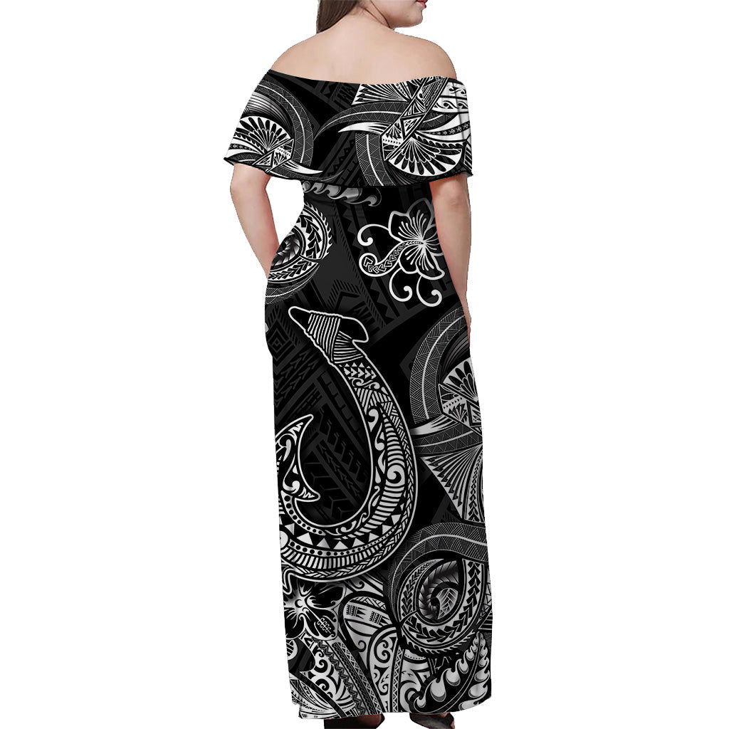 Hawaii Fish Hook Polynesian Off Shoulder Long Dress Unique Style Black