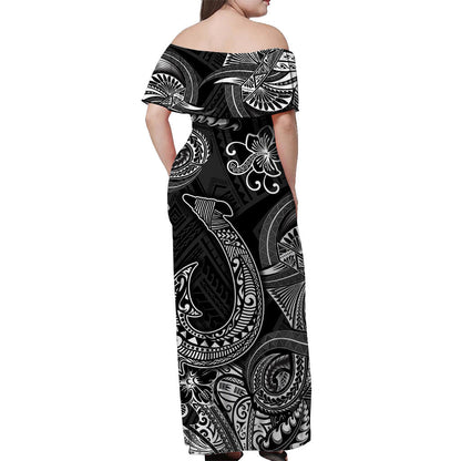 Hawaii Fish Hook Polynesian Off Shoulder Long Dress Unique Style Black