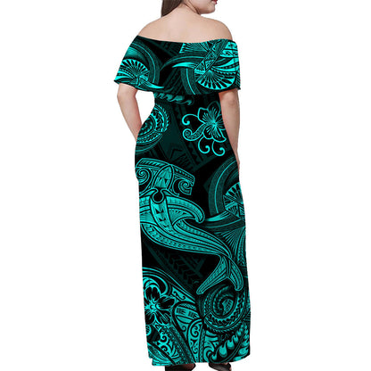 Hawaii Hammer Shark Polynesian Off Shoulder Long Dress Unique Style Turquoise