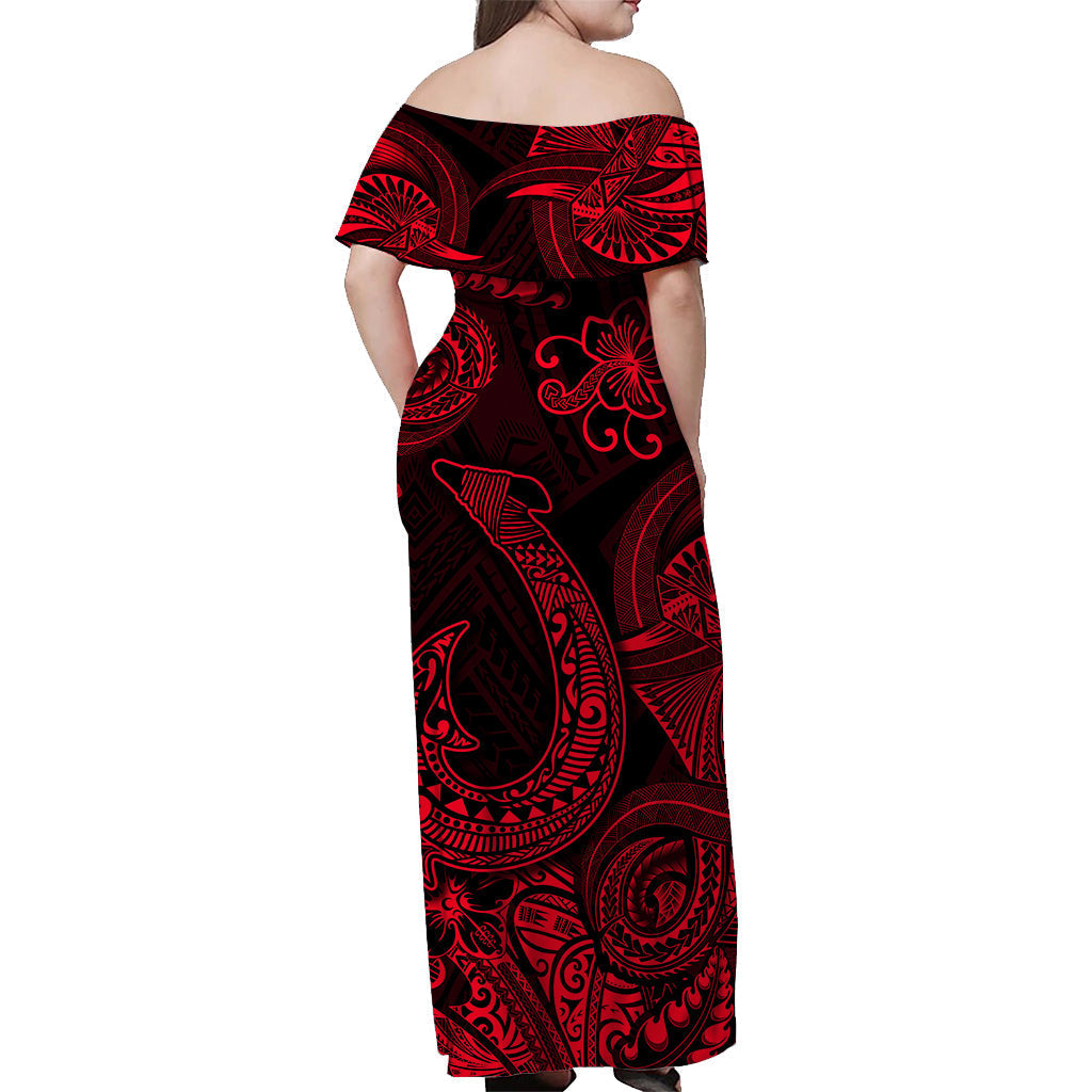 Hawaii Fish Hook Polynesian Off Shoulder Long Dress Unique Style Red