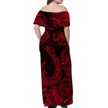Hawaii Fish Hook Polynesian Off Shoulder Long Dress Unique Style Red