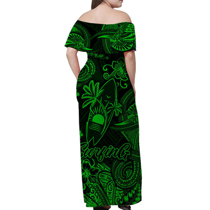 Hawaii Surfing Polynesian Off Shoulder Long Dress Unique Style Green