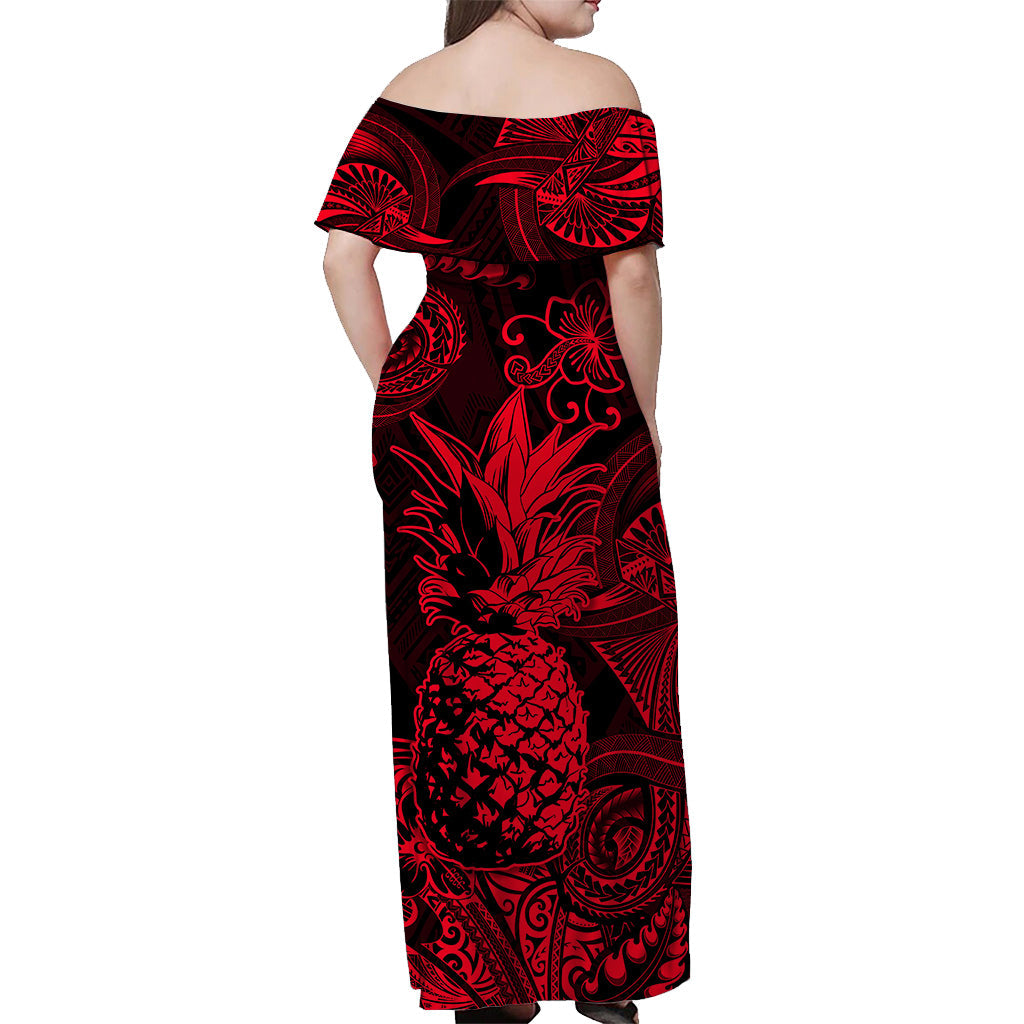 Hawaii Pineapple Polynesian Off Shoulder Long Dress Unique Style Red