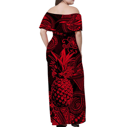 Hawaii Pineapple Polynesian Off Shoulder Long Dress Unique Style Red