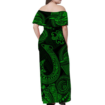 Hawaii Fish Hook Polynesian Off Shoulder Long Dress Unique Style Green