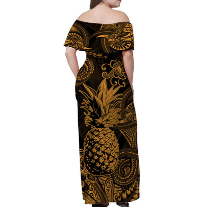 Hawaii Pineapple Polynesian Off Shoulder Long Dress Unique Style Gold