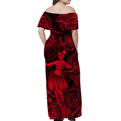 Hawaii Hula Girl Polynesian Off Shoulder Long Dress Unique Style Red
