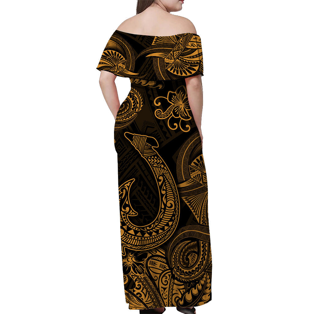 Hawaii Fish Hook Polynesian Off Shoulder Long Dress Unique Style Gold