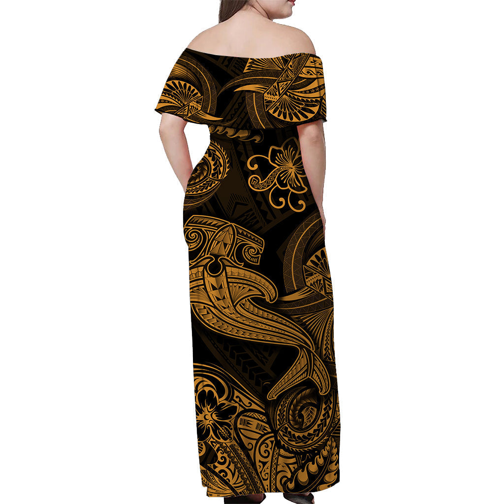 Hawaii Hammer Shark Polynesian Off Shoulder Long Dress Unique Style Gold