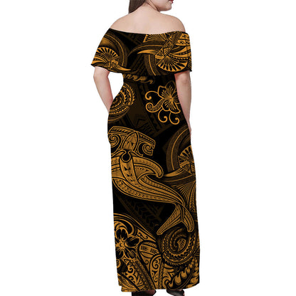 Hawaii Hammer Shark Polynesian Off Shoulder Long Dress Unique Style Gold