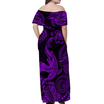 Hawaii Angry Shark Polynesian Off Shoulder Long Dress Unique Style Purple