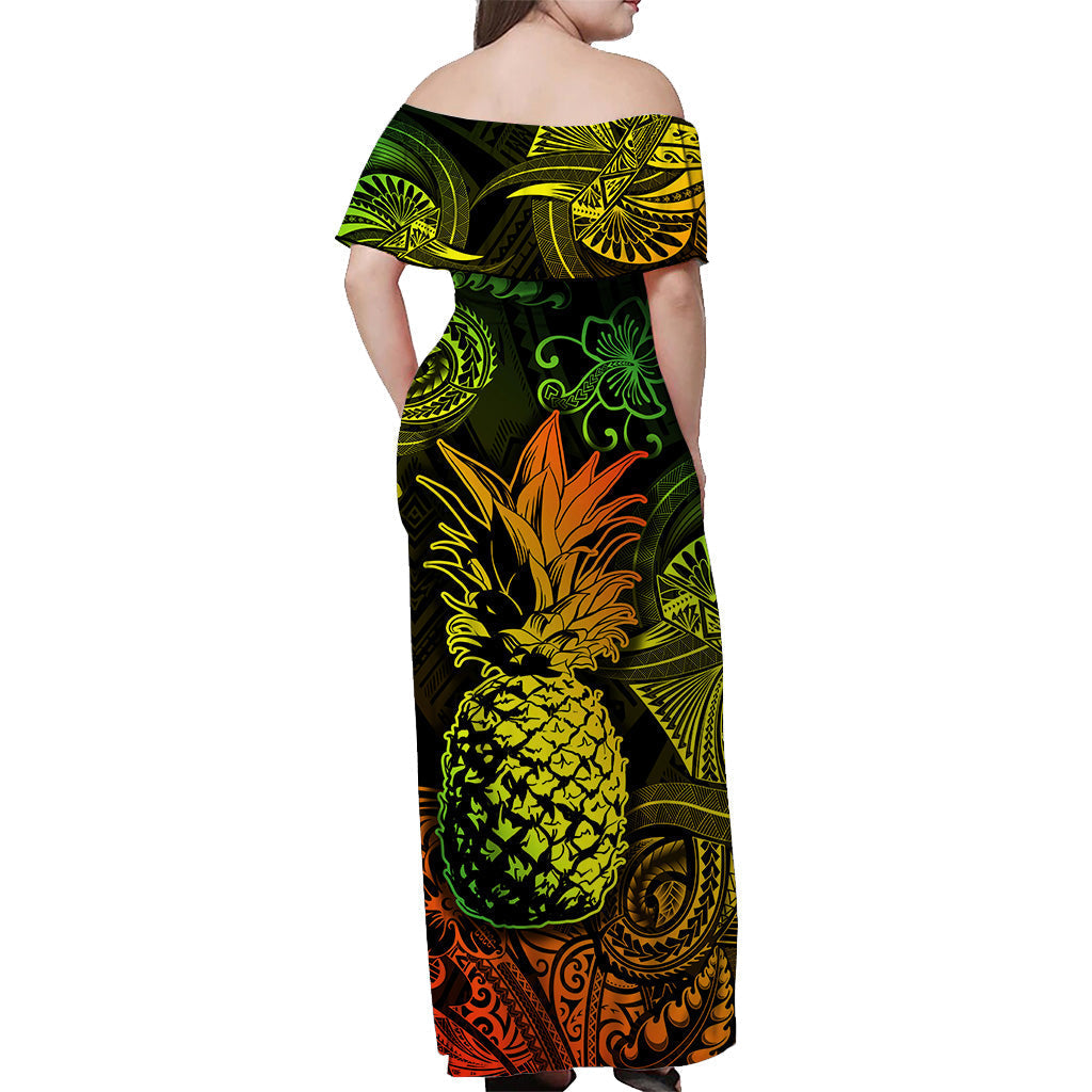 Hawaii Pineapple Polynesian Off Shoulder Long Dress Unique Style Reggae