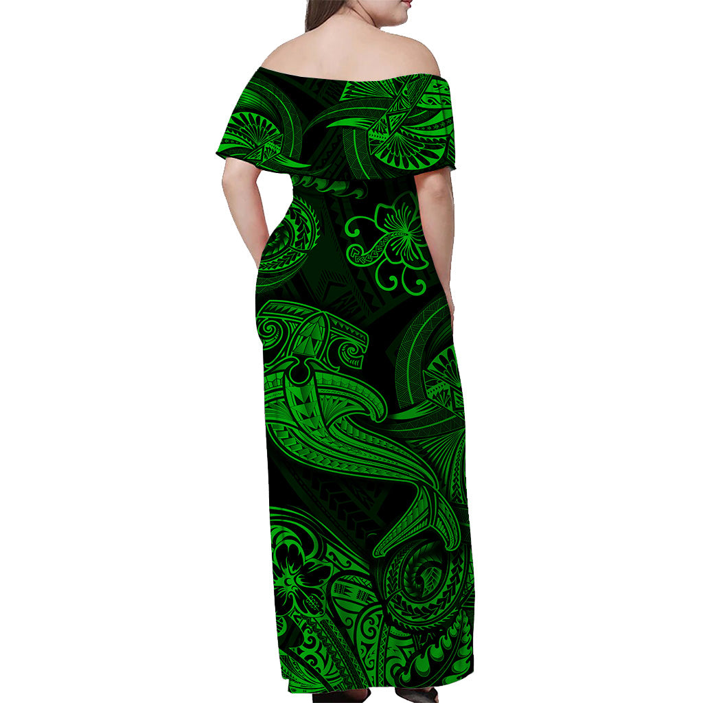 Hawaii Hammer Shark Polynesian Off Shoulder Long Dress Unique Style Green