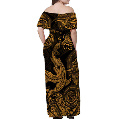 Hawaii Angry Shark Polynesian Off Shoulder Long Dress Unique Style Gold