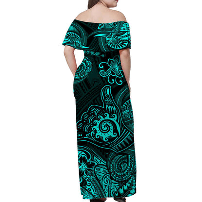 Hawaii Shaka Polynesian Off Shoulder Long Dress Unique Style Turquoise