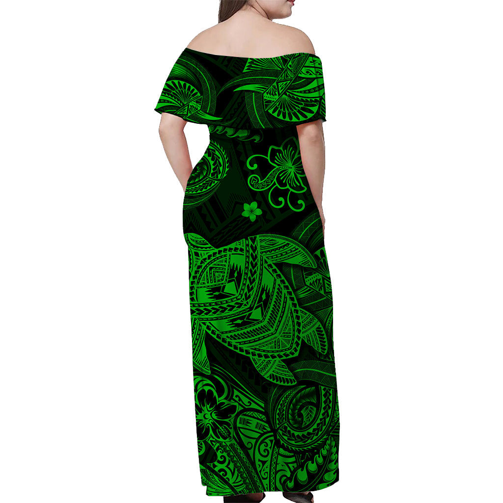 Hawaii Turtle Polynesian Off Shoulder Long Dress Plumeria Flower Unique Style Green