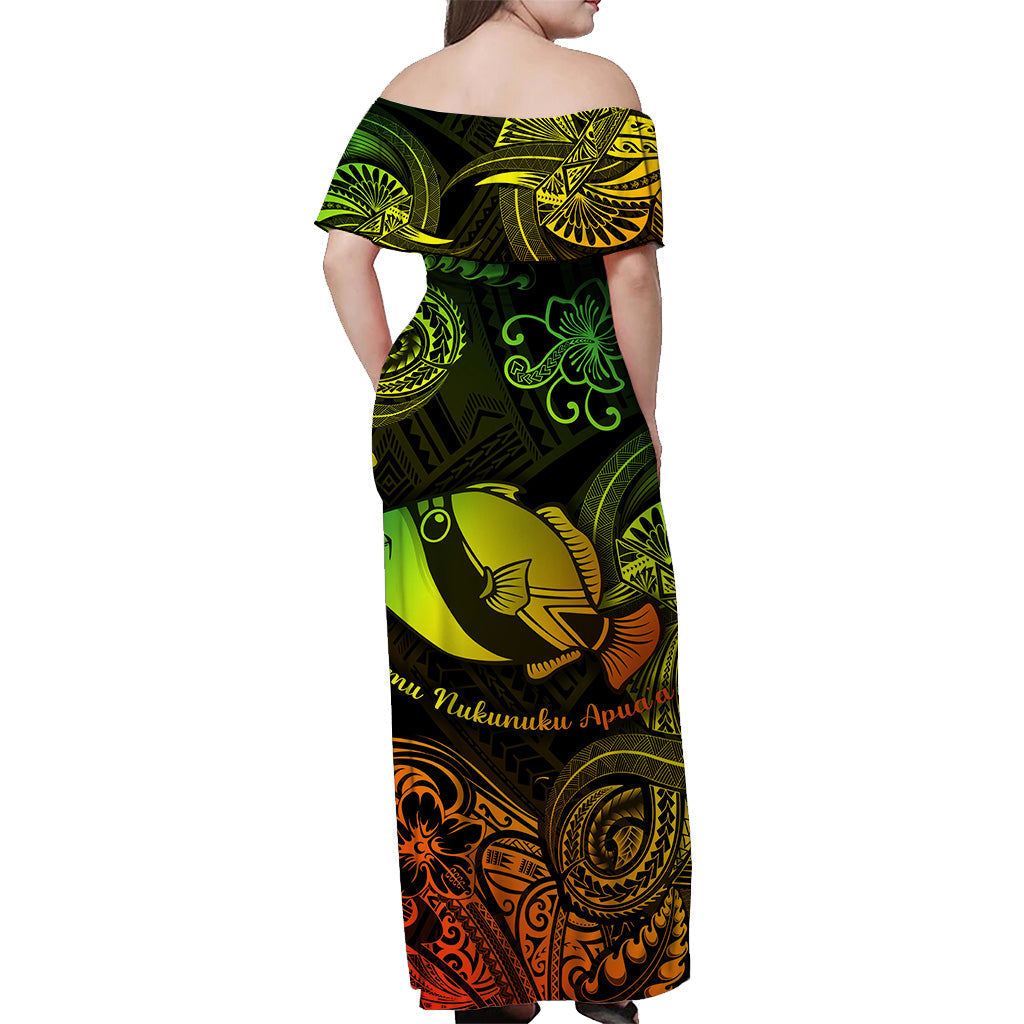 Hawaii State Fish: Humuhumu Nukunuku Apuaa Polynesian Off Shoulder Long Dress Unique Style Reggae