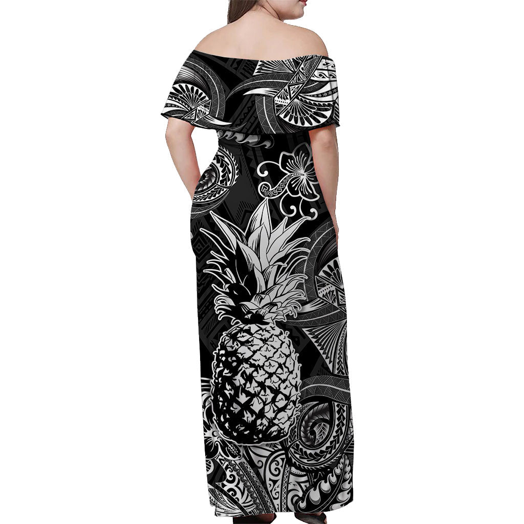 Hawaii Pineapple Polynesian Off Shoulder Long Dress Unique Style Black