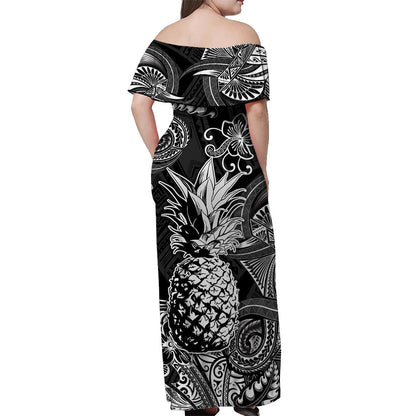 Hawaii Pineapple Polynesian Off Shoulder Long Dress Unique Style Black